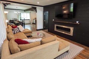 Decorative fireplace in the living room of this open concept home