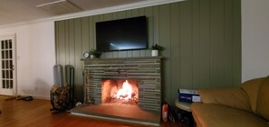 Wood burning fireplace and smart TV