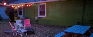Picnic Table, Outdoor Dining & Seating, Firepit & BBQ with seasonal lighting
