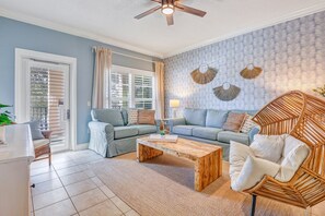 Living Room - Stocked with board games, blankets and a pull-out sofa.