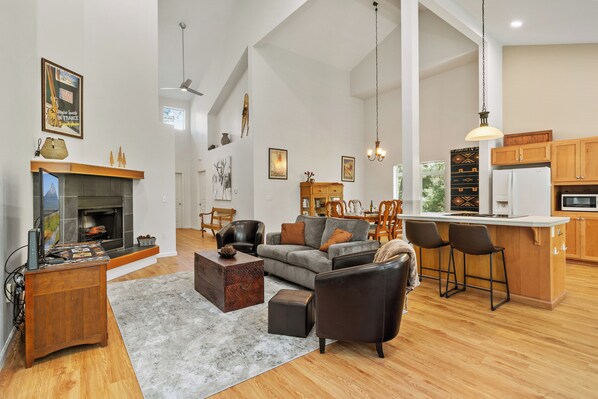 Living, dining, and kitchen area