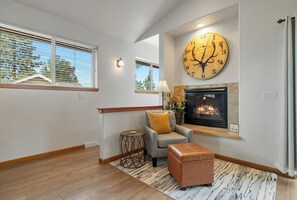 Warm up by the gas fireplace on cooler evenings