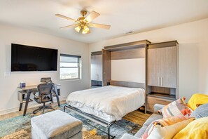 Bedroom | Queen Murphy Bed | Linens Provided | Single-Story Apartment
