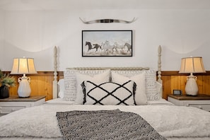 Four poster eastern king. Adjustable bed. Most comfortable. Upgraded linens. Custom bedding. Designer decor. New high-end Furniture. Large dresser and closet. Abundance of lush bedding.