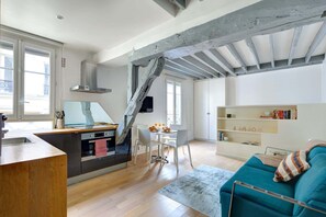 The open-plan living, kitchen and dining area