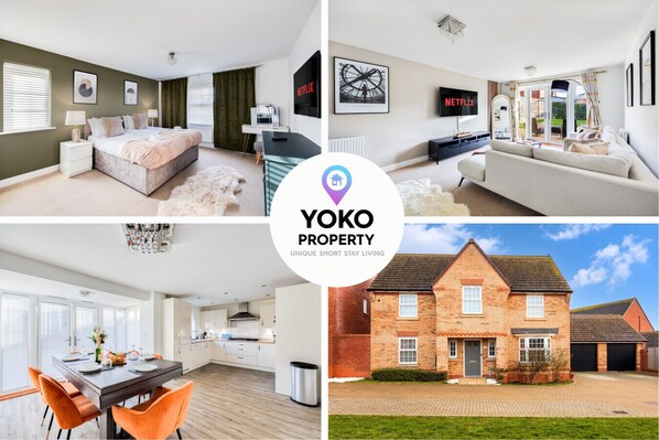 A luxury detached home boasting five spacious bedrooms, three modern bathrooms, a cosy living room equipped with a 55’’ Smart TV, an open-plan dining and kitchen area, and a utility room for all your laundry needs by Yoko Property