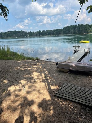 Sandy beach, lake views, dock