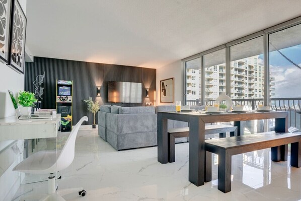 There is a dining bench for 6 people, and there are 4 Bar Stools for the Kitchen island