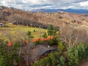 Late Fall aerial view of App Ski slopes behind the home