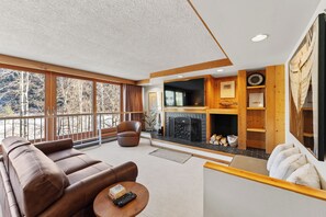 Living area featuring a wood burning fireplace with a mounted TV, and a queen sleeper sofa.