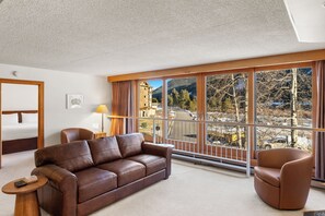 Living area featuring a wood burning fireplace with a mounted TV, and a queen sleeper sofa.