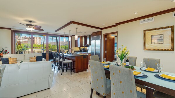 Kitchen, dining, and living areas seamlessly blend together