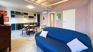 Comfortable living room with sofa bed and open kitchen