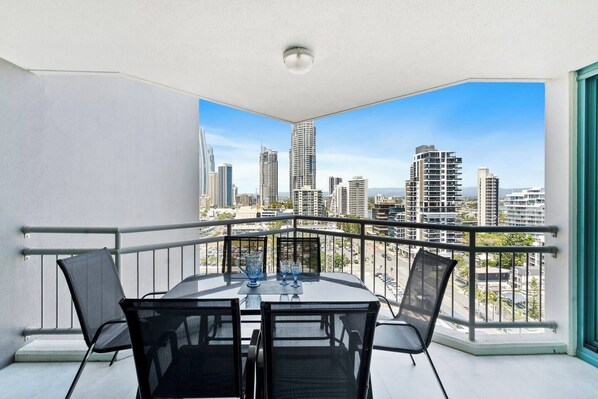 Dine alfresco while taking in impressive views over Surfers Paradise from the main balcony