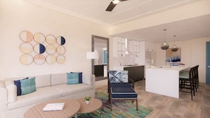 Contemporary living area with comfortable seating and tasteful decor, perfect for unwinding and spending quality time.