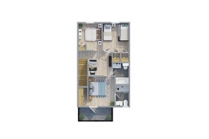 Detailed upstairs floor plan for effortless vacation planning.