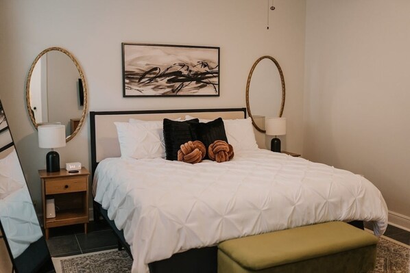 The master bedroom can deliver a great nights sleep on our King Serta pillowtop mattress with Serta pillows and clean linens. 