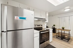 Indoors, Refrigerator, Kitchen, Cooktop, Lamp