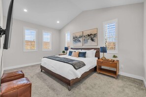 Bedroom 1: Master bedroom, king bed, 70” Smart TV, walk-in closet, en-suite bathroom, upper floor
