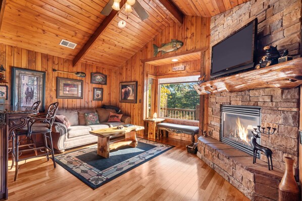 Kick back & relax in the living room with a fireside movie night