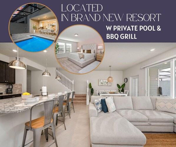 Stay at a brand-new resort in our modern 5-bedroom house, featuring a private pool, and BBQ grill.