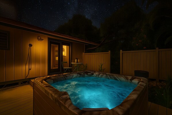 Private back patio with rain shower and hot tub