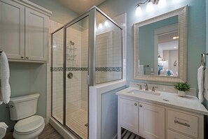 Large shower in the bathroom.