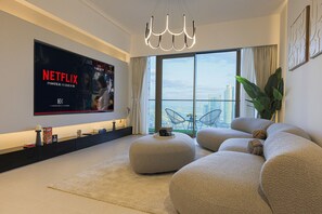 Spacious Lounge with Soft Sofa and Burj Khalifa Views
