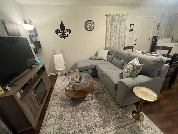 The stylish living room features contemporary fixtures and a relaxing sofa/TV combo.