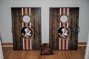 Enjoy the FSU-themed cornhole set, perfect for game day vibes!