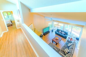 View from upstairs looking down at family room.