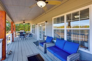 Rear Porch | Gas Grill | Outdoor Dining Set | 14-Acre Property | On-Site Pond