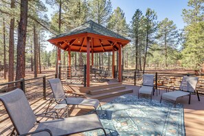 Cabin Exterior | Furnished Deck | Gazebo | 2 Dining Areas | Gas Grill