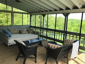 Full-size hanging bed, Clarence House fabric