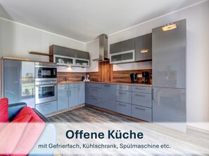 Vollständig ausgestattete Küchenzeile mit Kühlschrank, Spülmaschine, Herd, Ofen etc.