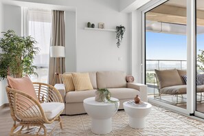 This bright, airy living area blends comfort and style.