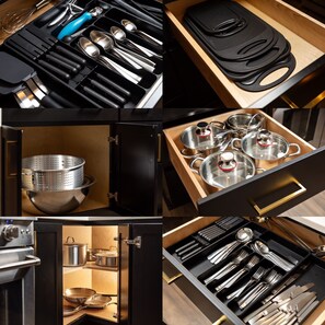 "Fully equipped kitchen with top-of-the-line stainless steel pots, pans, and cookware!"
