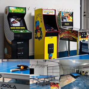 Game room collage featuring a large TV, ping pong, pinball, Golden Tee, and Pac-Man in a heated gara