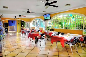 Public access restaurant area, next to reception, on main building, 2 mins walk.