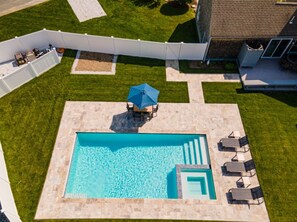 Drone view of new saltwater heated pool and hot tub