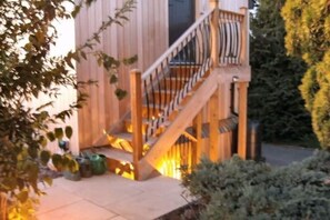 Steps lit up at night.