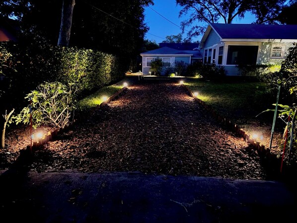 private driveway night entrance.