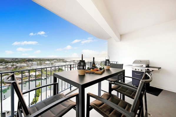 The private balcony downstairs has a BBQ and a six-seater table, offering plenty of space to relax and entertain. 
