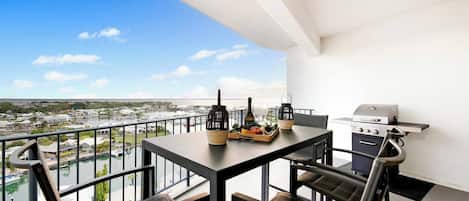 The private balcony downstairs has a BBQ and a six-seater table, offering plenty of space to relax and entertain.