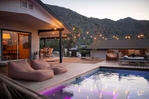 Bistro lights give a magical feel to the outdoor space