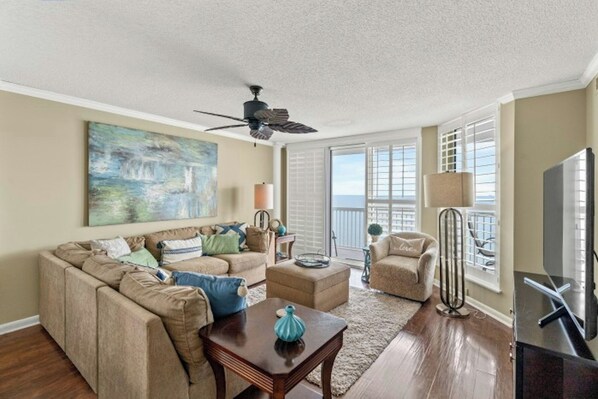 The ocean front living room is fabulous for movie night with the family.