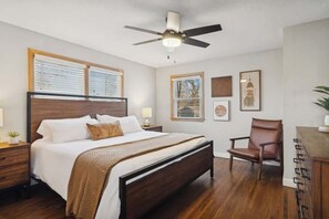 King size bed, 2 night stands, full dresser & closet. 