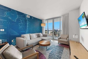 From the living room, step onto the connecting balcony to enjoy waterfront panoramas and beautiful sunsets.