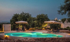 Swimming pool at dusk.