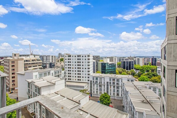 View from the balcony overlooking the city skyline.